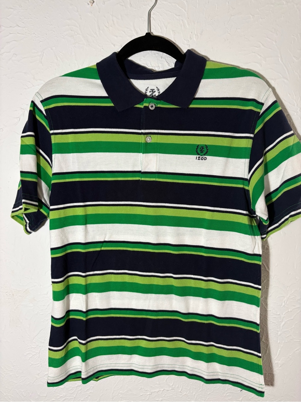 Izod Navy, Green & White Striped Polo Shirt 100% Cotton